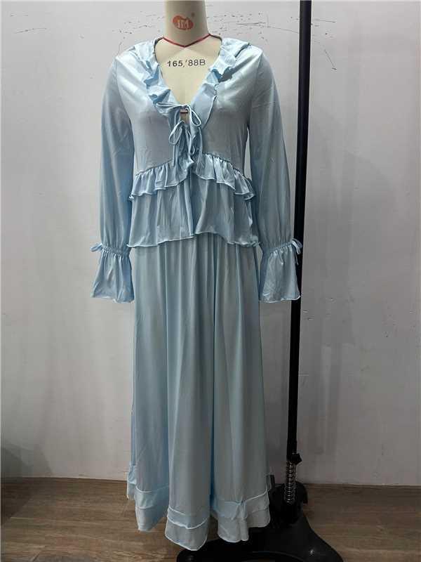 European & American Style Romantic Lace-up Ruffle Top and Long Skirt Set