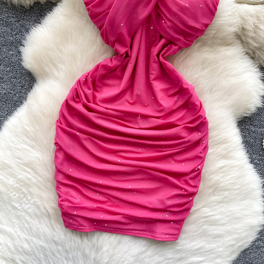 Summer Women One Shoulder Strapless Sexy Bling Bling Slim Sheath Bodycon Mini Short Club Party Dresses