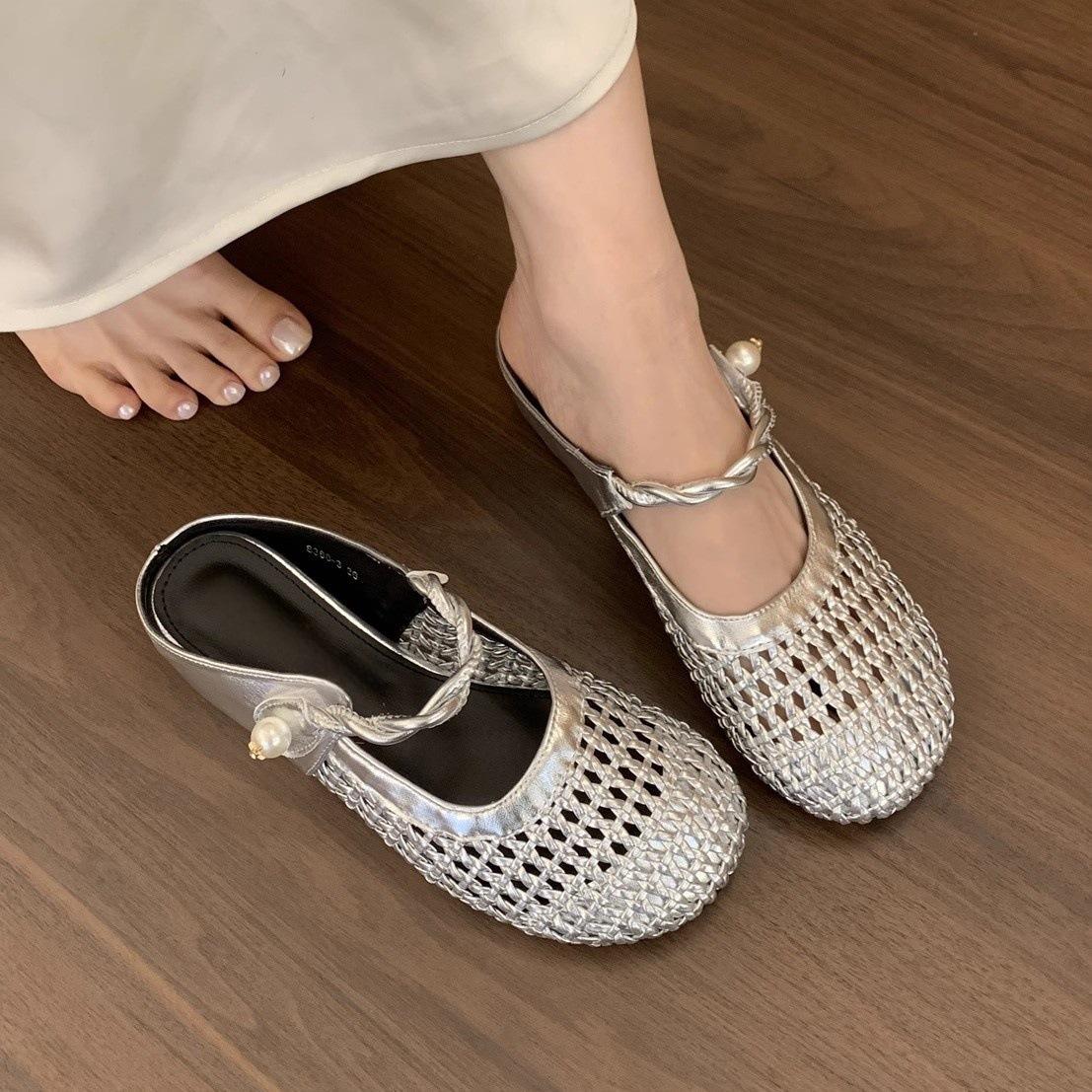 

inner height increase woven hollow bag head half slippers women wear new breathable skirt platform sandals 40 срібний