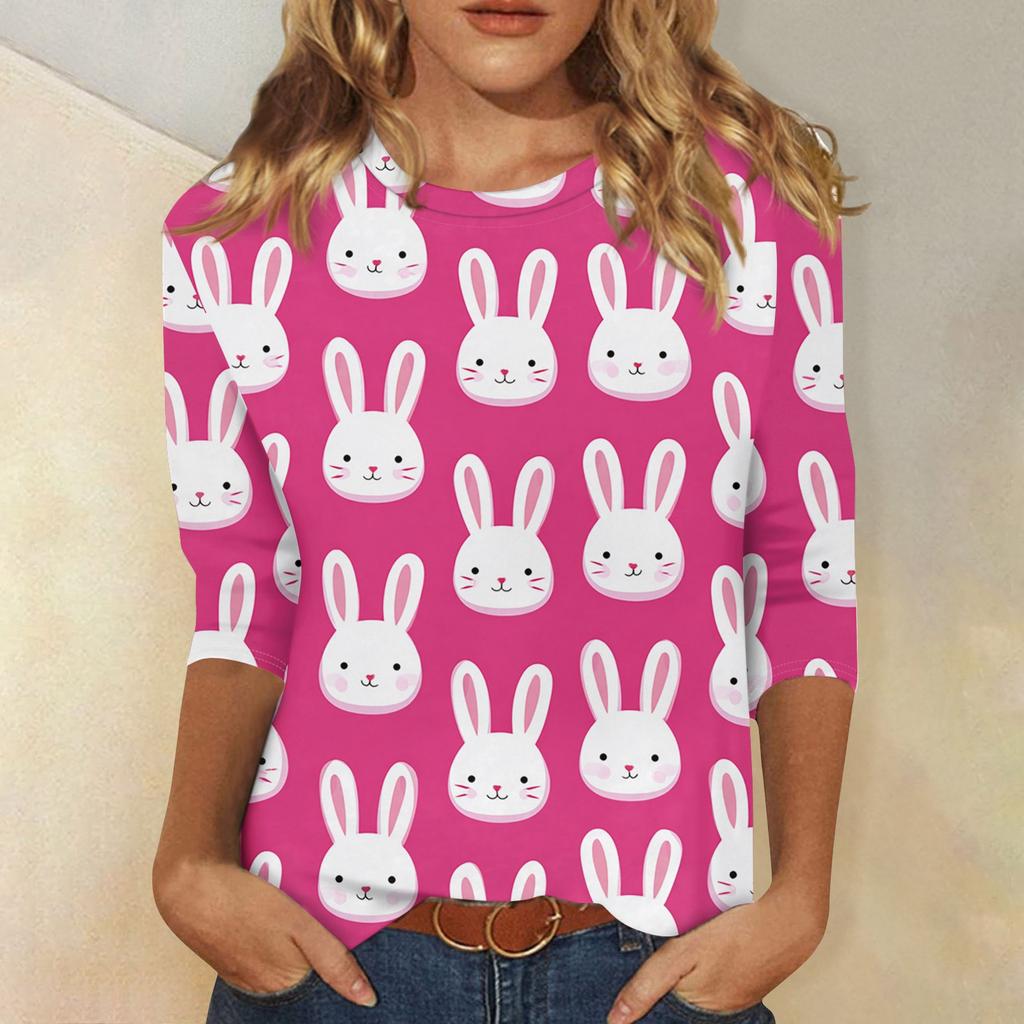 T-shirt Casual Alla Moda da Donna con Stampa di Coniglietti Pasquali e Uova, Scollo, Manica a Tre Quarti