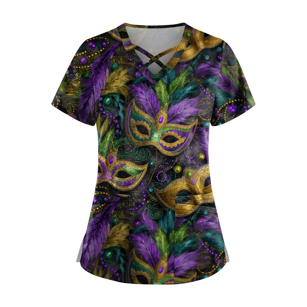 Women's Short Sleeve Stagger V Neck Print Pocket Dry- Top