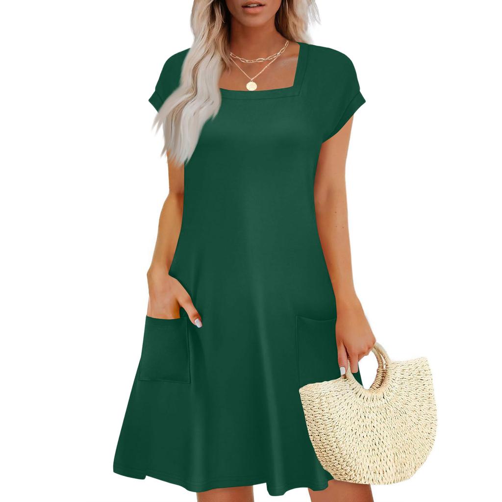 Summer Dresses for Women Loose Square Neck Cap Sleeve Casual Beach Vacation Tshirt Dress Sundresses with Pockets