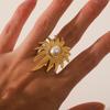 Stainless steel open ring, non-fading exaggerated texture leaf titanium steel ring for women, pearl hand jewelry