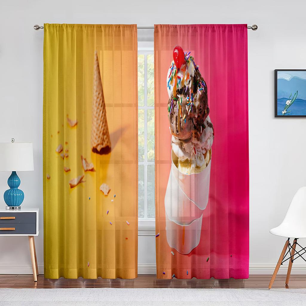 Ice Cream Summer Theme Chocolate and Fruity Flavor Tulle Window Curtains for Living Room Bedroom Decorative Sheer Voile Curtain
