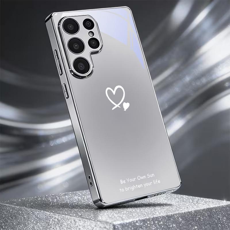 Line Art Love Heart Electroplated Silver Phone Case For Samsung S24 S21 20 Ultra S22 FE S23 Plus S25 S26 Note 10 20 Glass Cover