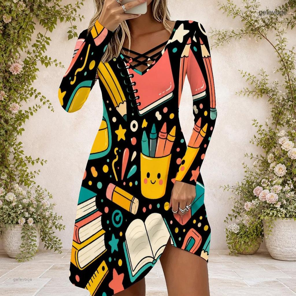 Women Criss Cross V Neck Long Sleeve Cartoon Excavator Printed Fitted Curved Hem Dress