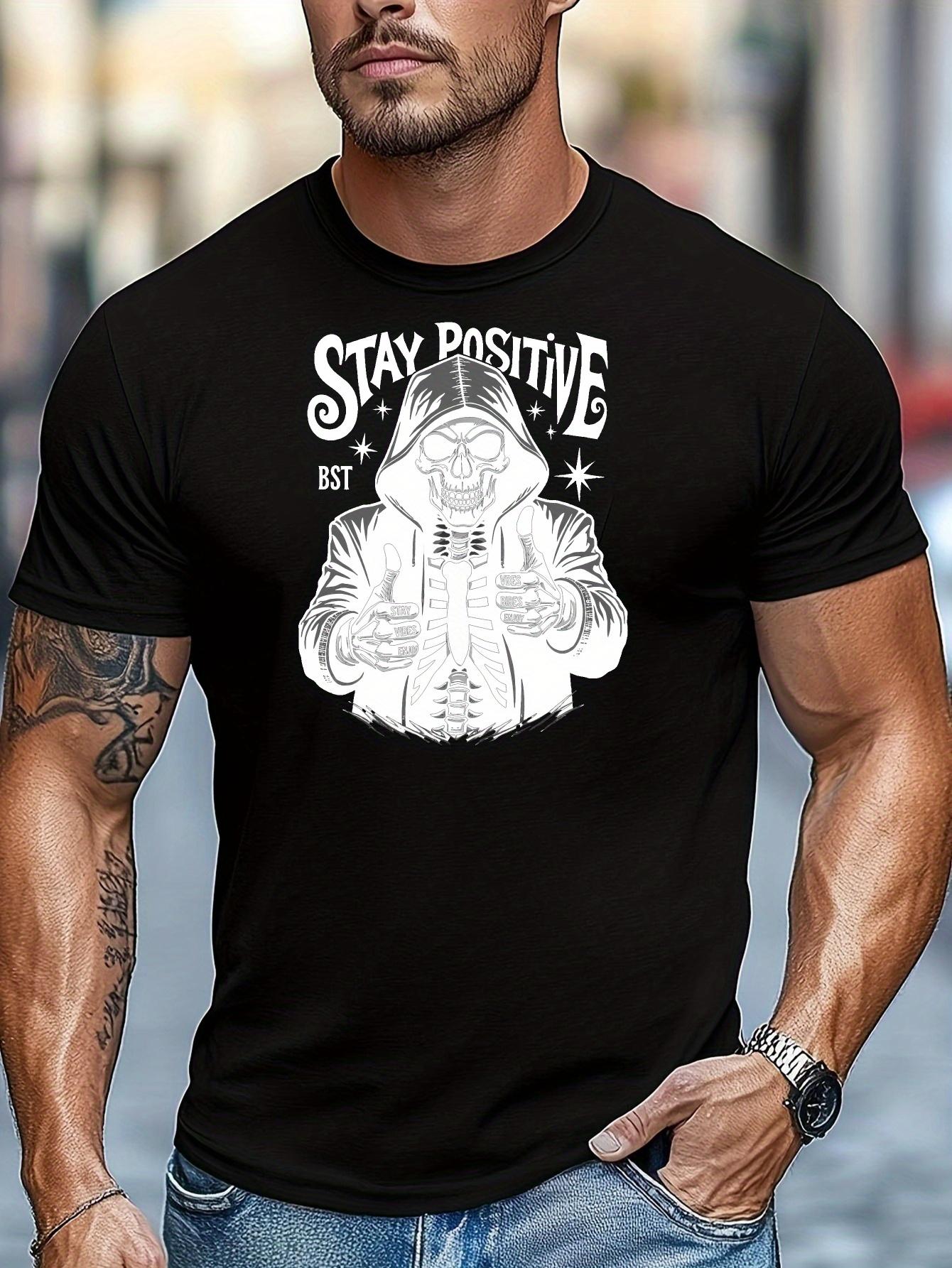 Stay Positive Graphic T-shirt - Black with White Skull & Handprint Design S
