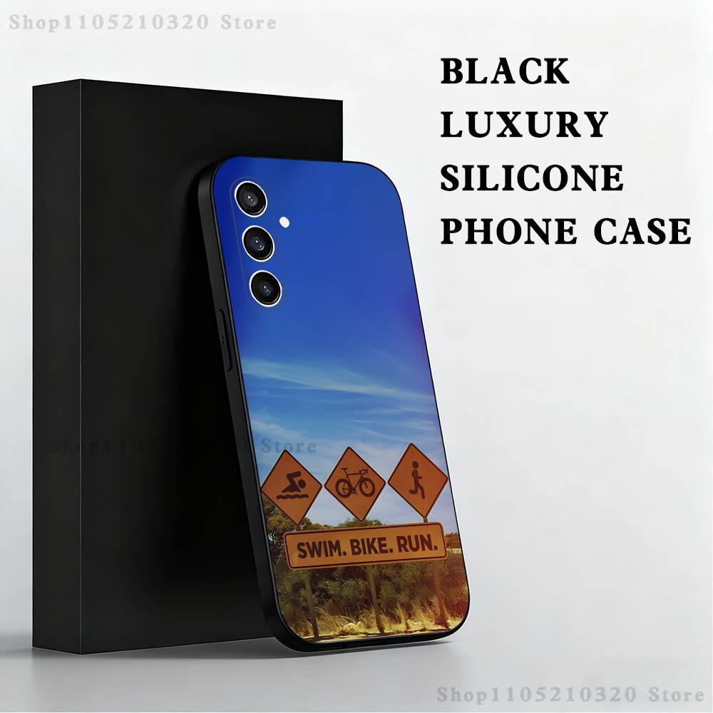 

Triathlon Swim Bike Run Phone Case For Samsung S 25,24,23,22,30,21,10,9,Ultra,Plus,Lite,FE,4,5 G Black Soft Case SamsungA21S