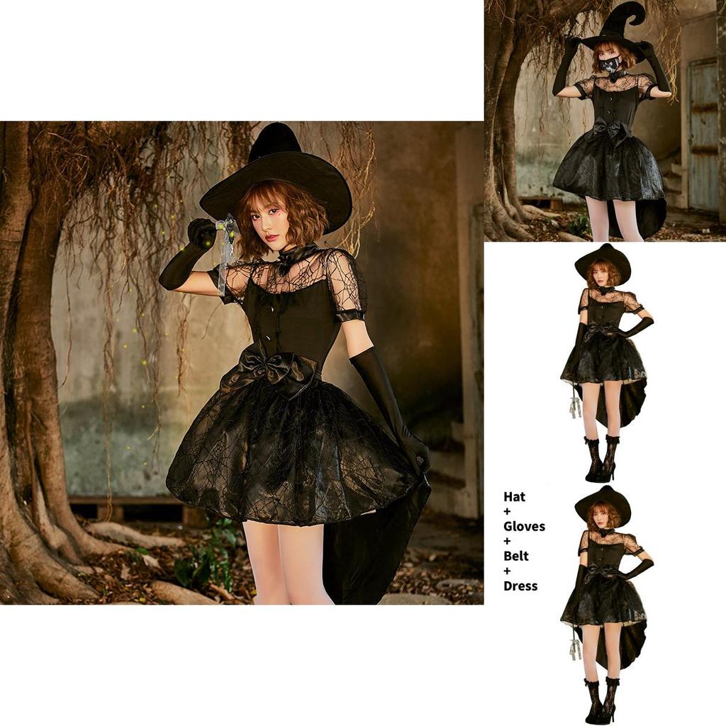 Black Lace Mesh Witch Tailcoat Dress Costume For Halloween Party Cosplay
