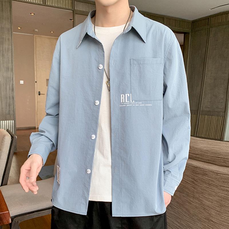 American Style Gradient Long Sleeve Men's Shirt – Casual Loose Fit with Turn-Down Collar for Spring, Autumn, and Summer.