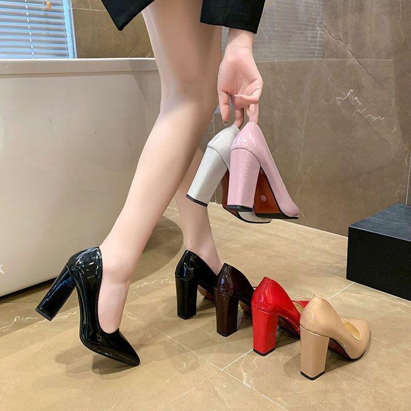 Fashion Big Size Shoes Woman Sandals Ladies Patent Leather Beige High Heels Work Dress Professional Large African 12cm Block Office