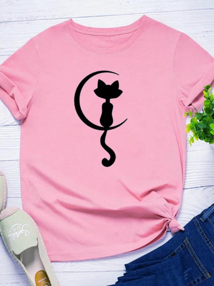 Cat Sit On Moon Print Women T Shirt Short Sleeve O Neck Loose Women Tshirt Ladies Tee Shirt Tops Clothes Camisetas Mujer
