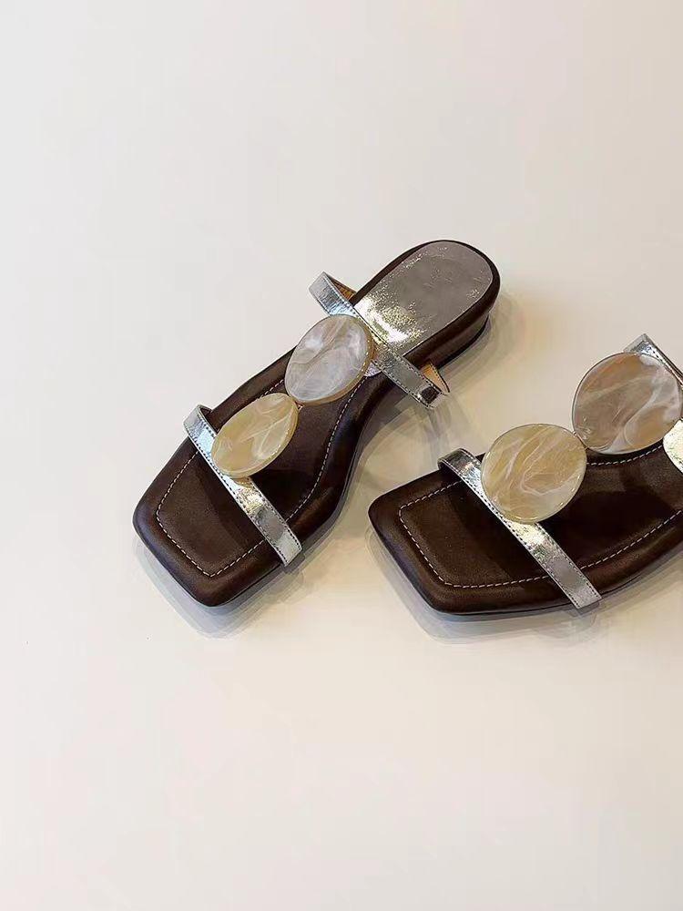 French one-word with square toe cool slippers women's 2025 new retro bohemian flat slippers