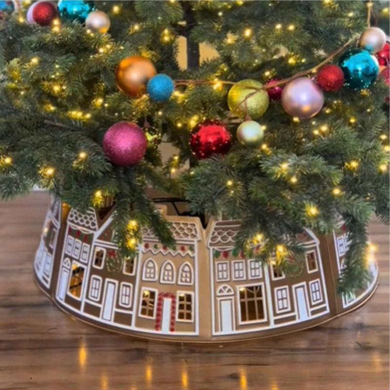 LED Christmas Tree Collar PVC Gingerbread House Christmas Tree Skirt Base Cover Reusable Stand 2025 New Year Party Decorations
