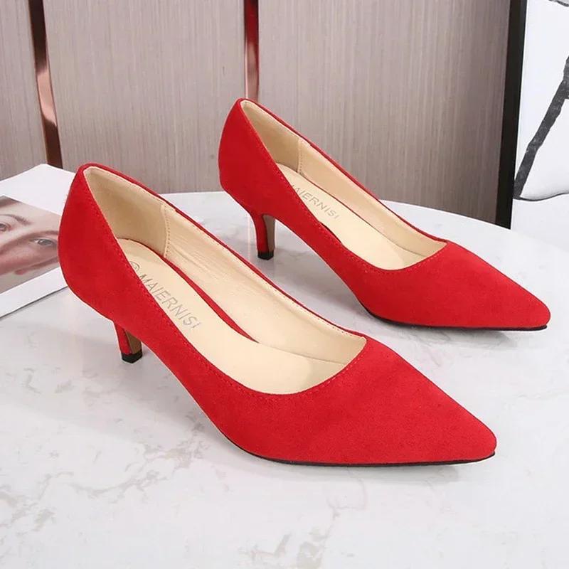 Women Sweet Flocks Thin Heel Shoes Office Work Single Shoes Nightclub Party Banquet Pub Attendant High Heels Large Size 35-46