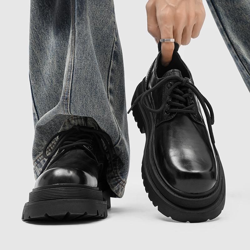 British style platform derby shoes, new black round head lace-up commuting height-increasing big head casual leather shoes