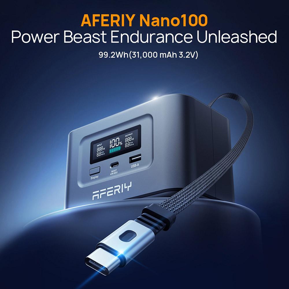 AFERIY Nano100 Portable Power Station, 100W 99.2Wh, Telescopic Type-C Cable, Carry-on Airplane, 1.5h Full Charge