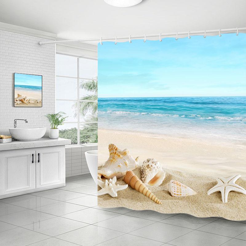 Shower Curtain Bathroom Fabric Non-Punching Beach Natural Scenery Digital Printing Shower Curtain With 12 Hooks