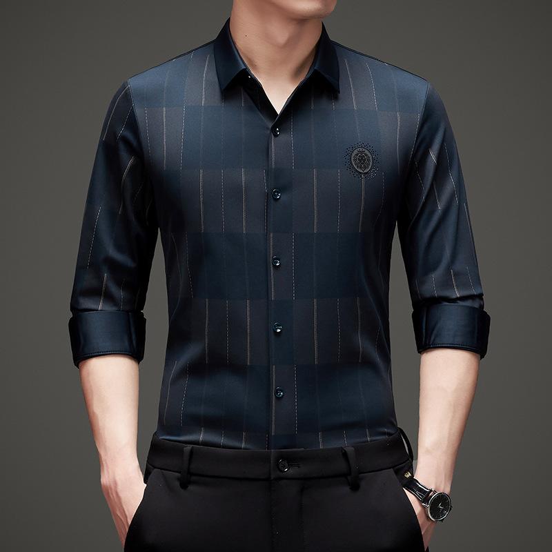 Koszule męskie wiosenne i jesienne w jakości biznesowej Moda casualowa dla młodych i średnich mężczyzn Slim Fit bezszwowe Koszule męskie bez prasowania