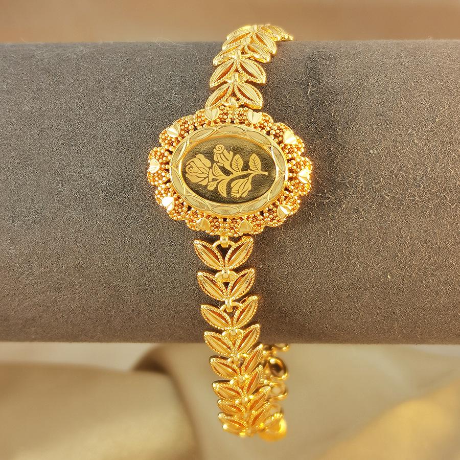 Bracciale con Ciondolo a Fiore di Rosa Retro in Oro Sabbia Vietnamita con Bordo Intarsiato e Catena a Moneta Rotonda