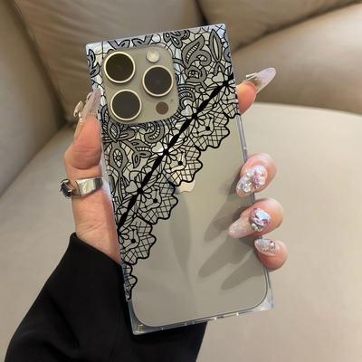 Прозорий квадратний чохол-накладка для iPhone 15 Plus 16 ProMax 11 12 14 Pro Max 13 Захист від окислення, Чорне мереживо з візерунком "безладна сітка"