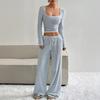 Women's Striped 2 Piece Outfits Long Sleeve Square Neck Cropped Top Drawstring Wide Leg Pants Set Casual Lounge Sweatsuits
