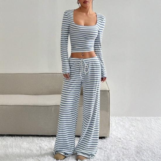 Women's Striped 2 Piece Outfits Long Sleeve Square Neck Cropped Top Drawstring Wide Leg Pants Set Casual Lounge Sweatsuits
