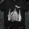 Gothic Cathedral Bat T Shirt Halloween Spooky Whimsigoth Dark Academia Vintage Woodcut Witchy Apparel Vintage Washed Homme