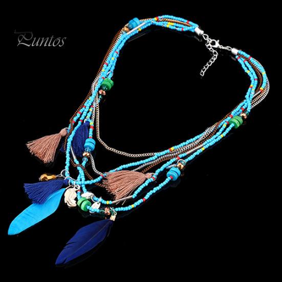 Women's Boho Ethnic Style Feathers Tassels Beads Multi-layer Chain Necklace