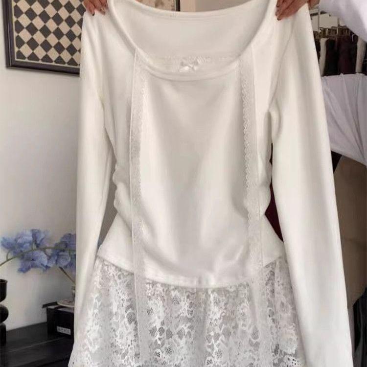 Women's Faux Two-Piece Lace Halter Long Sleeve T-Shirt: Slim-Fit, Versatile, Niche Design for Spring/Autumn