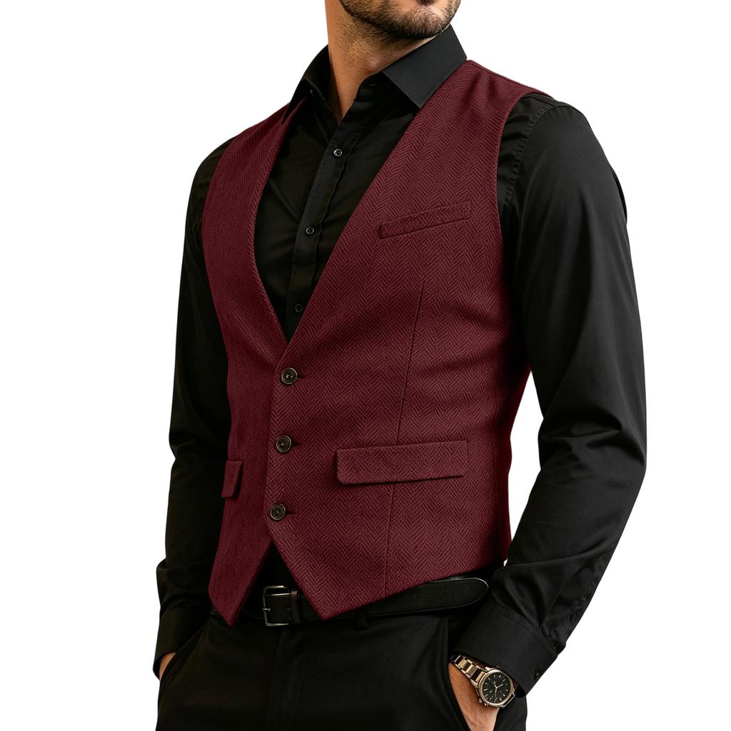 Herren Business Weste Slim Fit Formale Weste Knopfleiste Anzugweste mit Mehreren Taschen für Büro und Freizeit