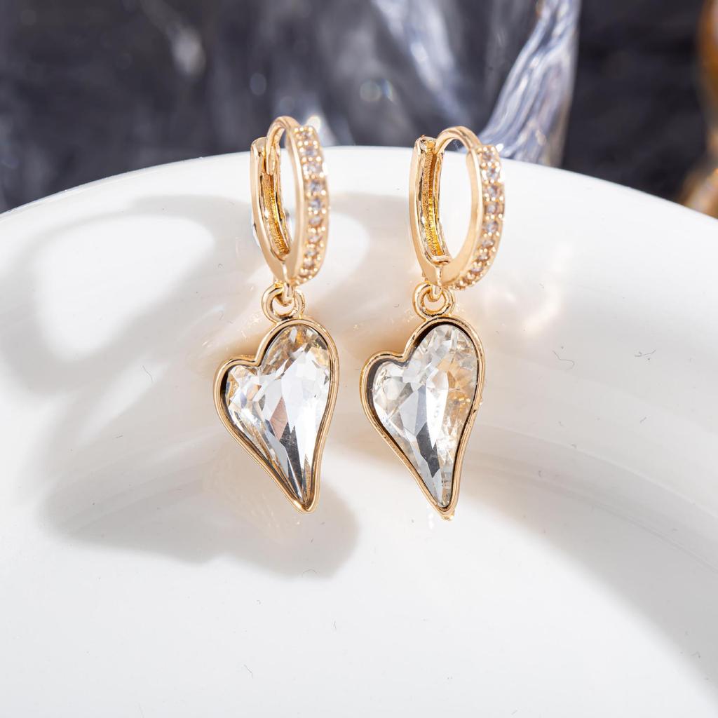 High-End European & American Zircon Heart Earrings – Colorful, Elegant Hoops, Clips & Dangles for Women
