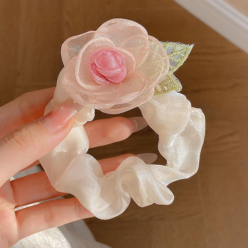Rose Flower Organza Material Simple Sweet Lady Retro Hair Tie Large Intestine Circle Hair Accessory For Women