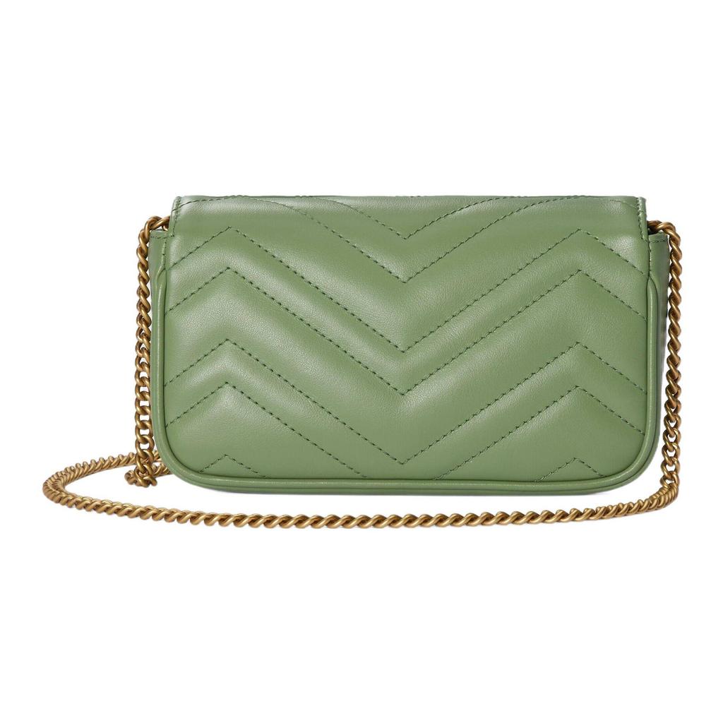 Gucci GG Marmont Chevron Quilted Mini Chain Bag, Sage Green Leather, Women's Crossbody Handbag for Daily Use 476433-DTDHT-3408