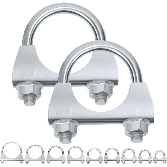 Swpeet 2Pcs Galvanized 2" - 50Mm Exhaust U Clamp Kit, Galvanized Muffler U-Bolt Clamps, Universal Heavy Duty U-Bolt Muffler Clamp Ideal For Tip Pipes