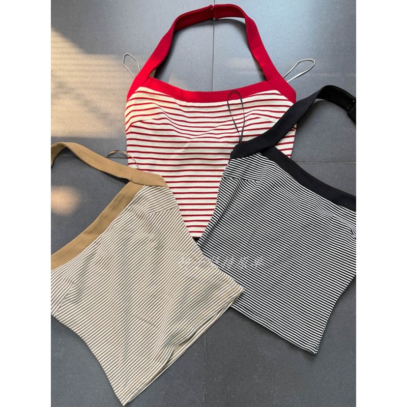 Export Single French Vintage Style Sexy Wind 3 Colors Halterneck Stripes Silm Vest Tops