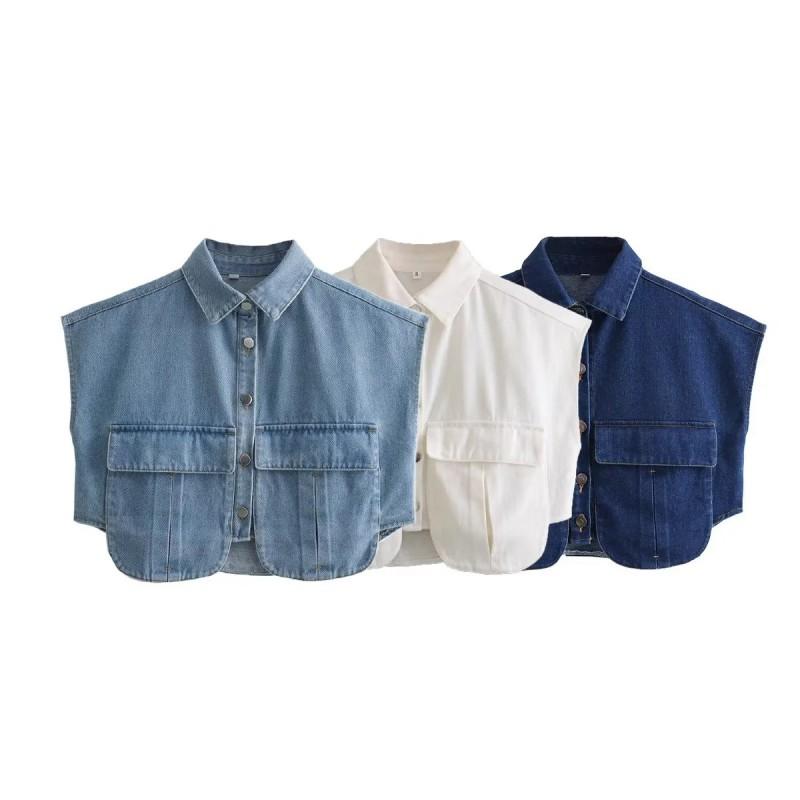 Womens Solid Color Oversized Sleeveless Denim Shirt With Large Pockets Polo Collar Short Top
