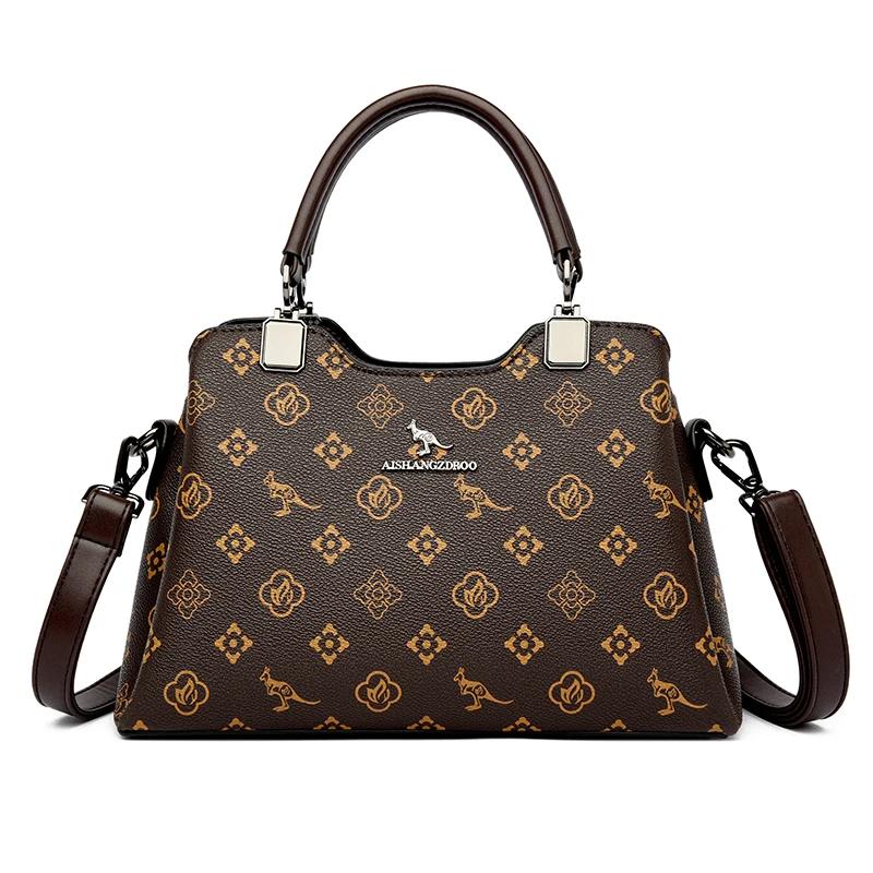 Women Handbag Large Capacity Multi-Compartment Leather Handbag for Moms High Quality Luxury Print Design Anti-Theft Back Pocket