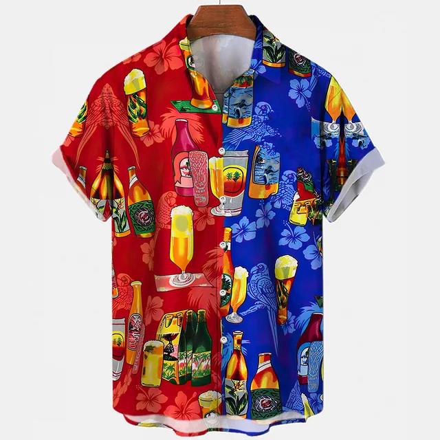 Camisetas Festival de Cerveza Harajuku para Hombre Estampado 3D Manga Corta Verano Estilo Hawaiano Playa Tops de Botón Único Solapa