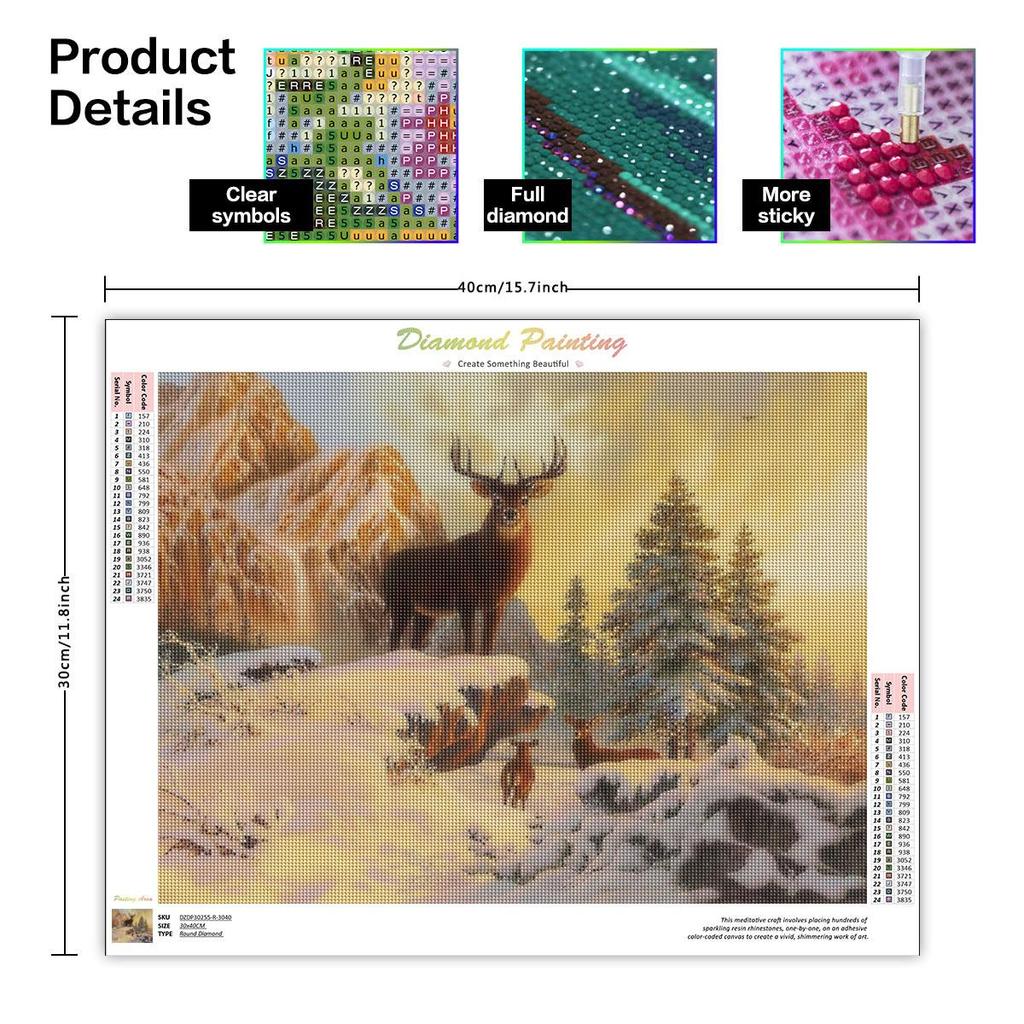 5D DIY Diamantmaleri Dyr Hjort Full Runde Broderi Snøsett Mosaikk Vinter Håndlaget Gave Veggdekor 30x40cm/12x16tommer
