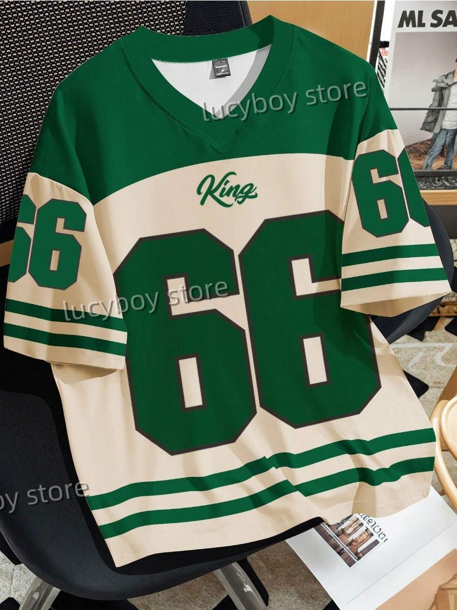Tooyoo Herennummer 66 Letter 3D KING Print T-shirt Heren Korte Mouw Sportkleding Voetbal T-shirt Vintage Oversize Kleding M
