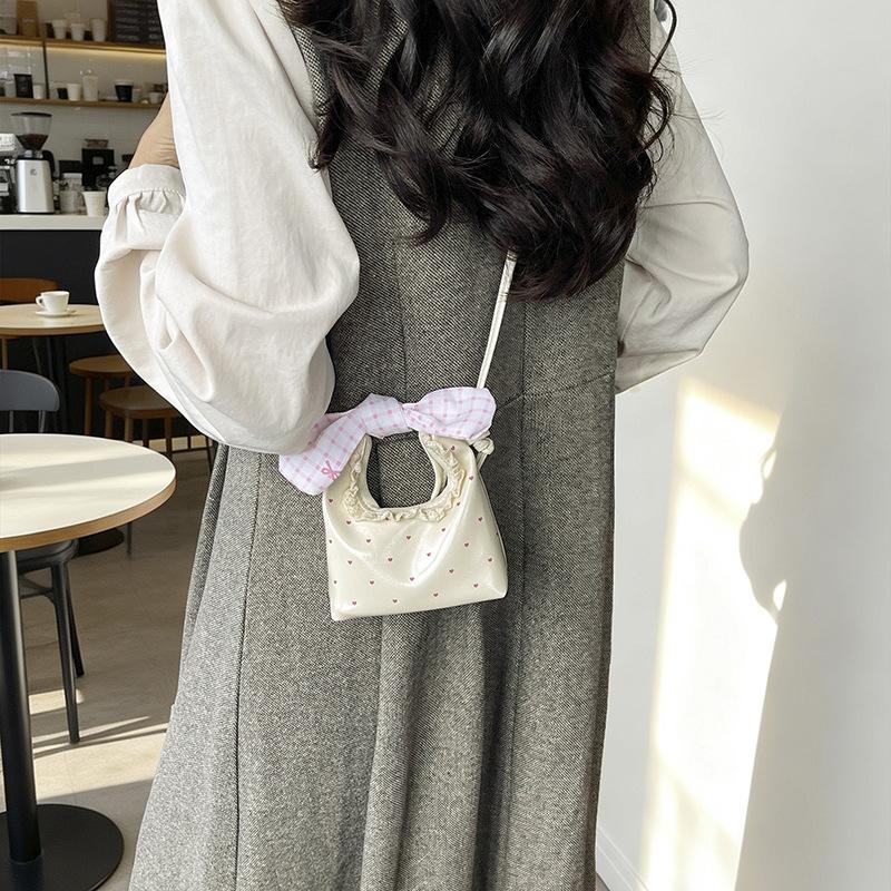 Creamy White Faux Leather Mini Tote Bag Plaid Bow Heart Print Lace Trim For Girls Daily Use School Dates