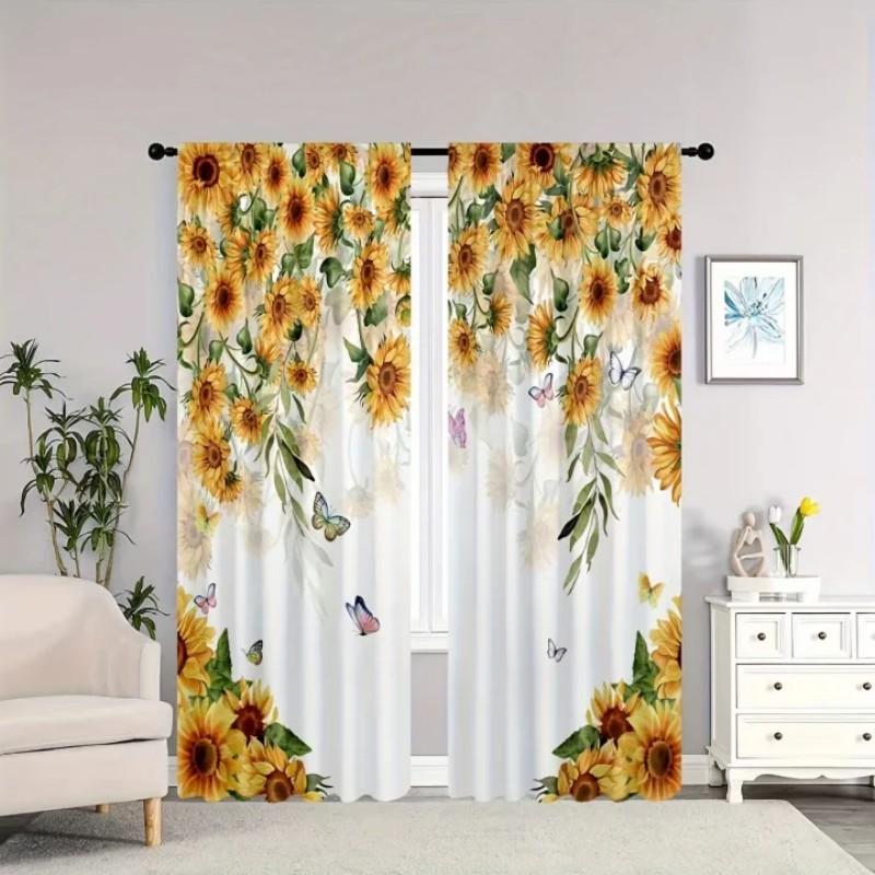 Set Of 2 Sunflower Butterfly Polyester Curtain Home Decor Window Treatment Privacy Properties Elegant Curtains Light Filtering Made