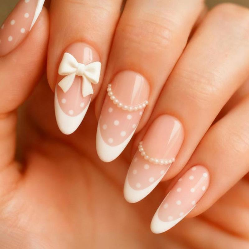 24Pcs Almond French Tip Press On Nails Nude With 3D Bowknot Design Reusable Stick On False Nails