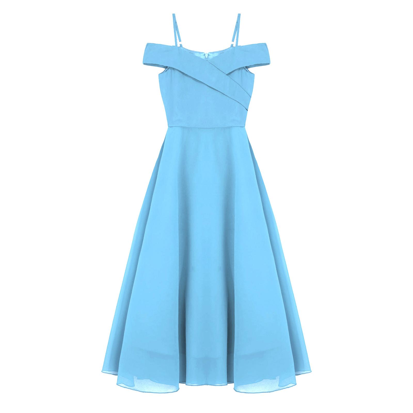 

Дитяча елегантна шифонова вечірня сукня з відкритими плечима, регульований ремінець, довжина до підлоги, вечірня сукня 13-14 Years світло-синій колір