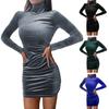 Robe fourreau pour femme, automne-hiver, taille serrée, couleur unie, col haut, protection du cou, manches longues, élastique au-dessus du genou, mini robe