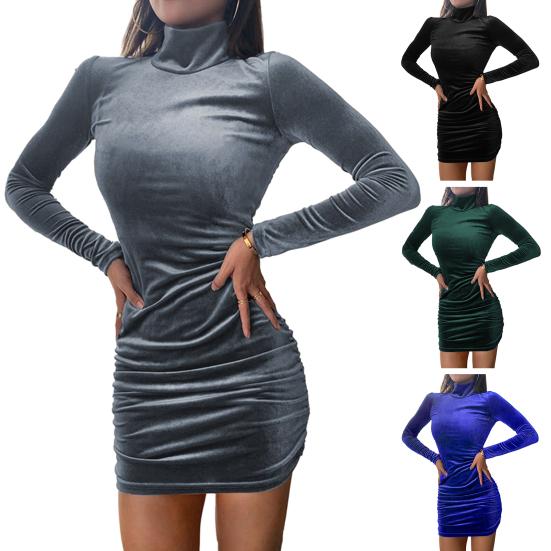 Robe fourreau pour femme, automne-hiver, taille serrée, couleur unie, col haut, protection du cou, manches longues, élastique au-dessus du genou, mini robe