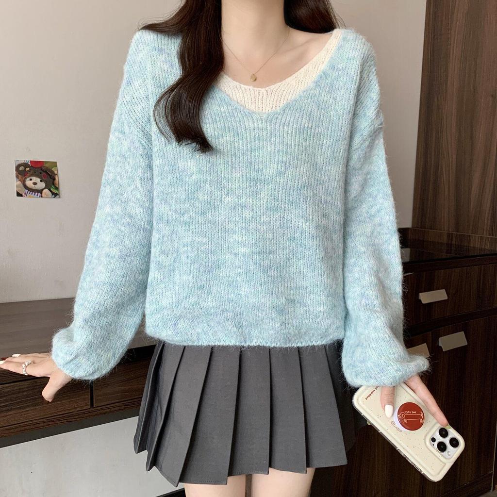 Colorblock pletený svetr - Dámský high-end podzimní/zimní styl, Měkký, Volný a Všestranný