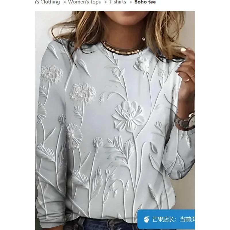 2025 New Floral 3d Print T-Shirt Casual Crew Neck Long Sleeve T-shirt Women's Clothing Fashion Casual Oversized Tops Tees Female