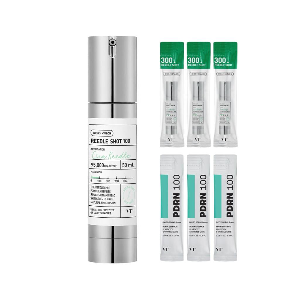 VT Reedle Shot 100 Essence Set – Intensive Skin Repair Booster with PDRN & Reedle Shot 300 (50ml+Reedle Shot300 1ml*3 +PDRN Essence 1.5ml*3)